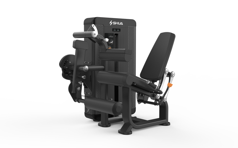 A black leg curl fitness machine, with a metallic part and a rubber-coated cable.