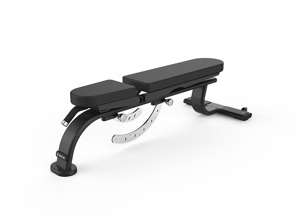 Black adjustable weight bench on a white background