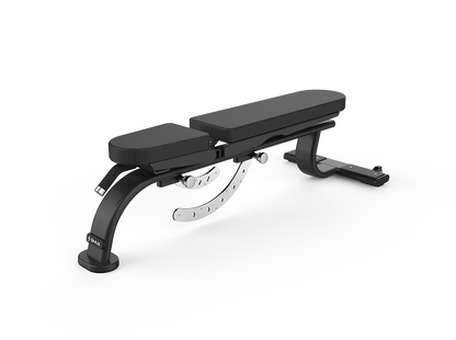 Black adjustable weight bench on a white background