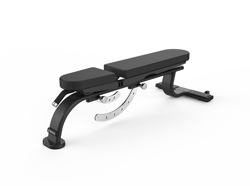 Black adjustable weight bench on a white background