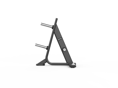 Black metal stand with adjustable arms on a white background