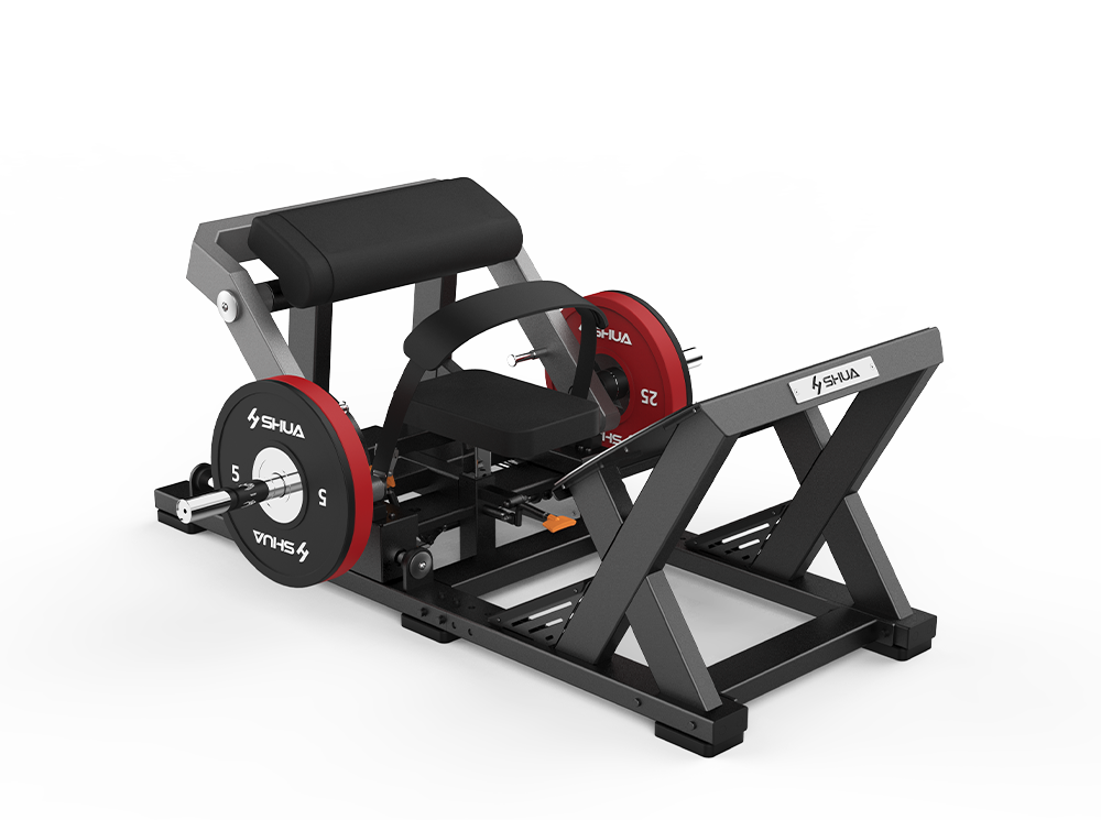 Fitness machine with red weight plates on a white background