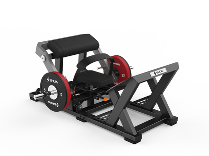 Fitness machine with red weight plates on a white background