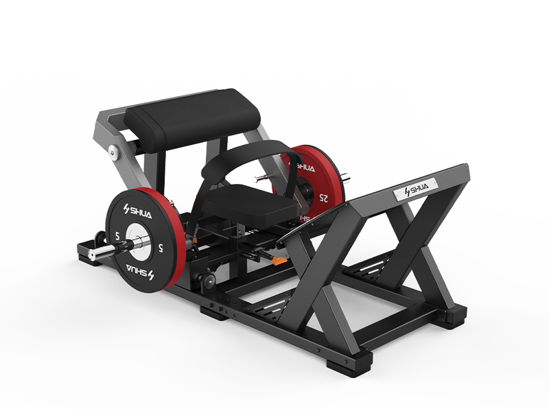 Fitness machine with red weight plates on a white background