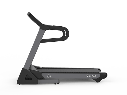 Black treadmill with 'Shuma' branding on a white background