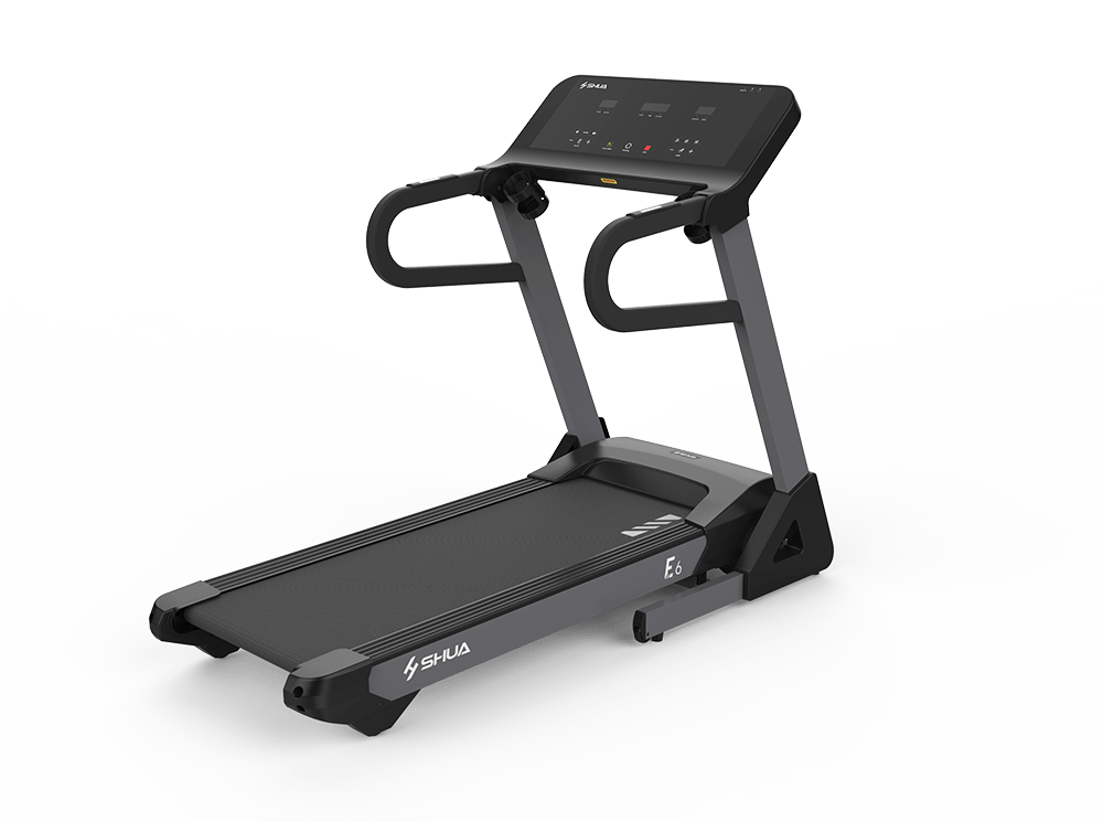 Black treadmill with digital display on a white background