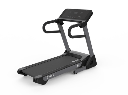 Black treadmill with digital display on a white background