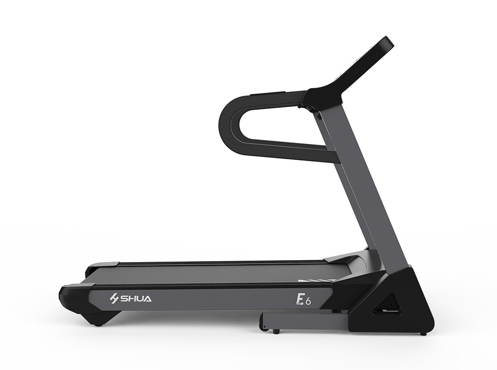 Black treadmill with 'SHUA' branding on a white background