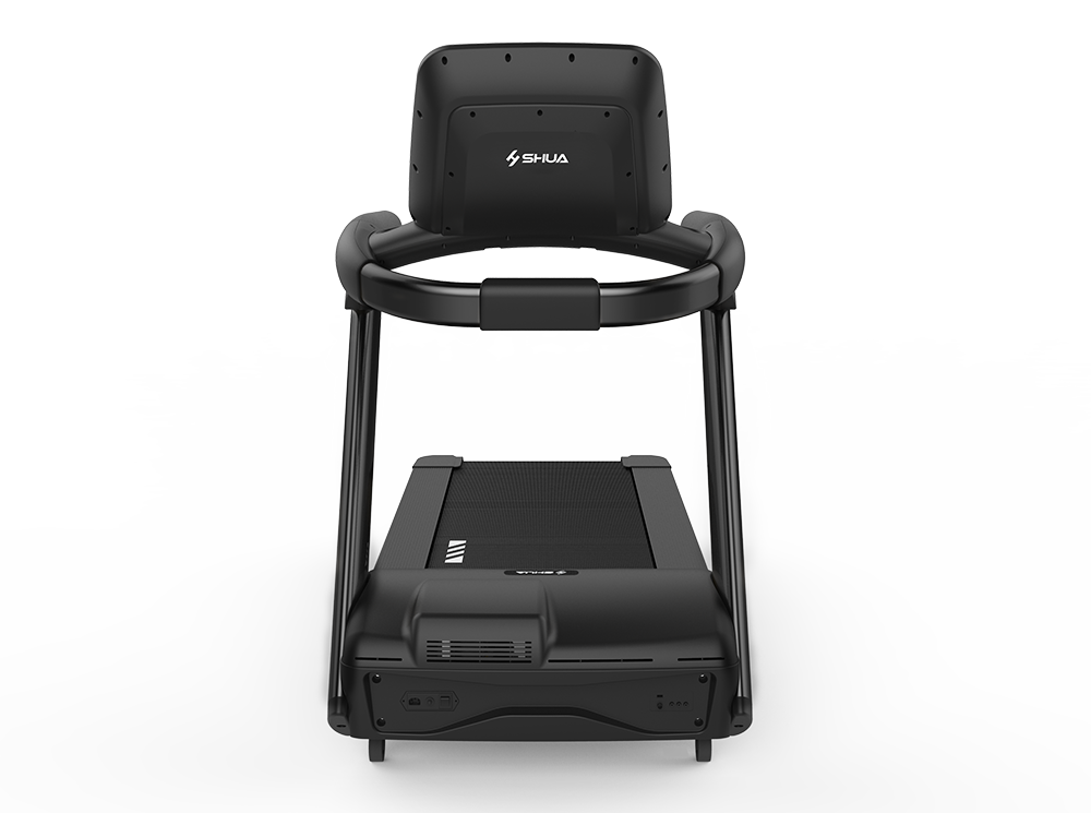 Black treadmill with a backrest on a white background