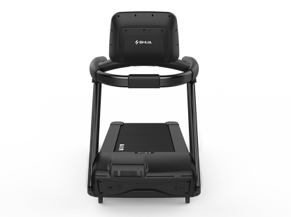 Black treadmill with a backrest on a white background