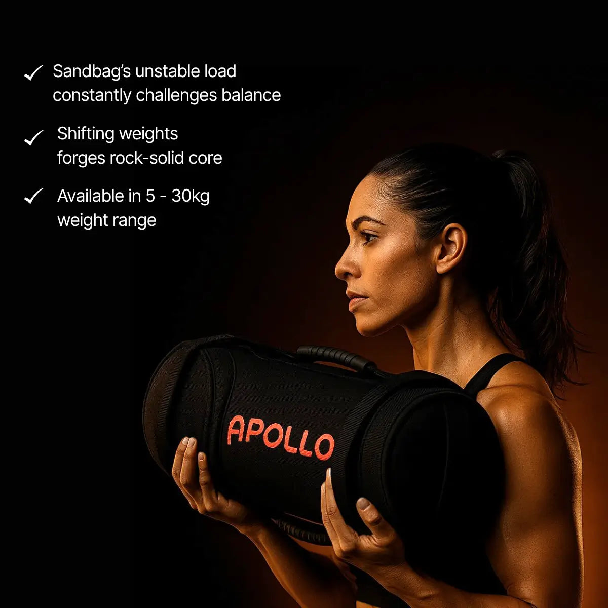 Woman holding an Apollo sandbag with text about its benefits on a dark background