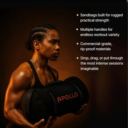 Person holding an Apollo sandbag with promotional text on a dark background