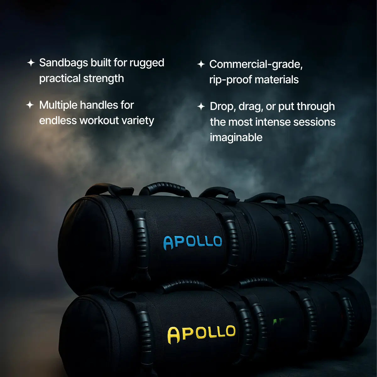Apollo sandbags with text highlighting features on a dark background
