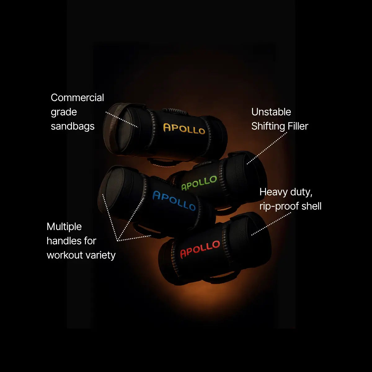Apollo sandbags with features highlighted on a dark background