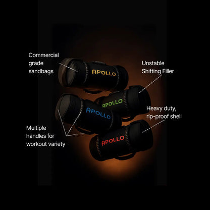 Apollo sandbags with features highlighted on a dark background