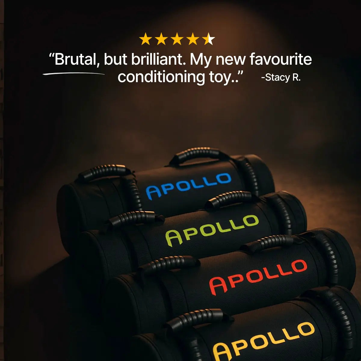 Stack of Apollo branded conditioning toys with a dark background and review text.
