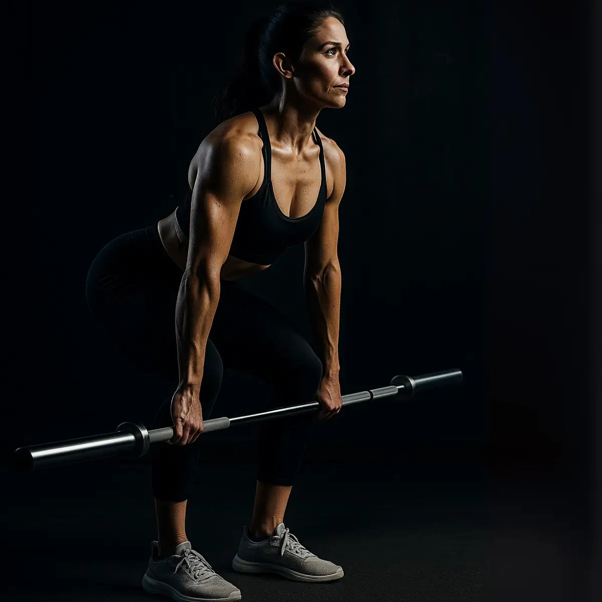 Woman performing a squat with a barbell against a black background