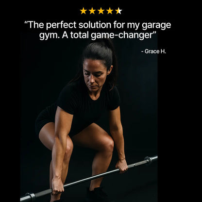 Woman lifting a barbell with a five-star rating and review text on a black background
