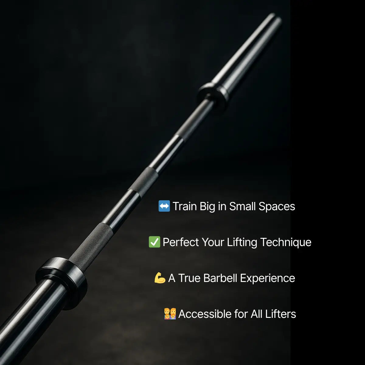Barbell on a dark background with text highlighting its features.