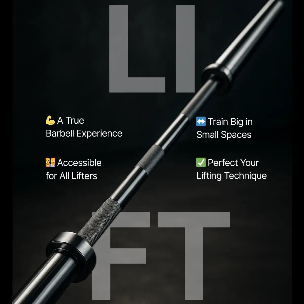Barbell with text highlighting features on a dark background