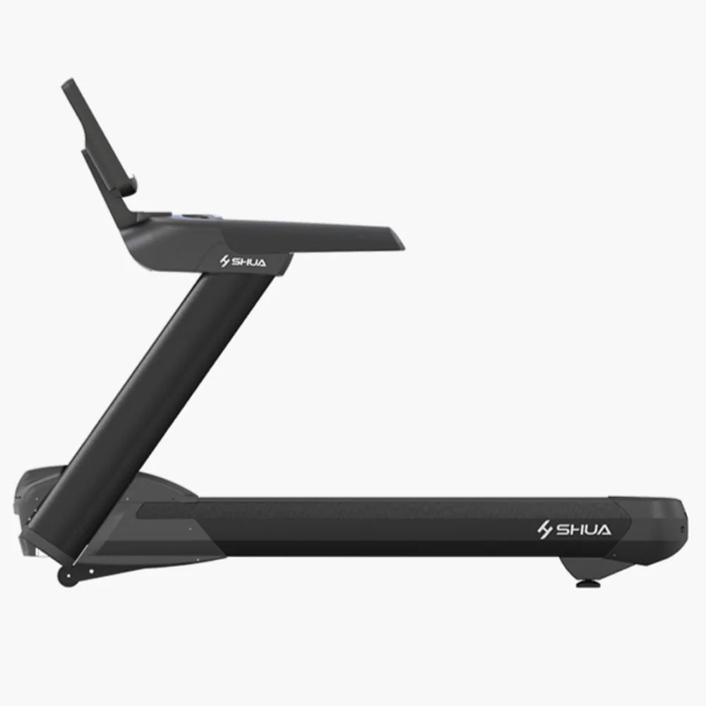 Black treadmill with 'Shua' branding on a white background