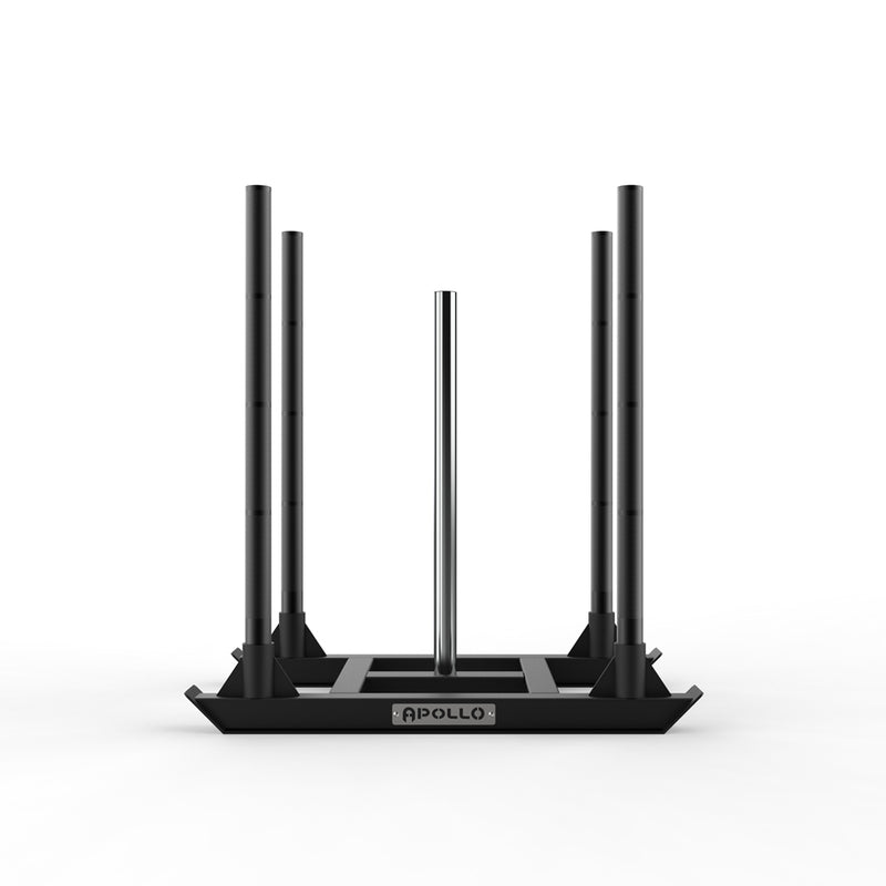 Black sports training stand with multiple poles on a white background, branded 'Apollo'.