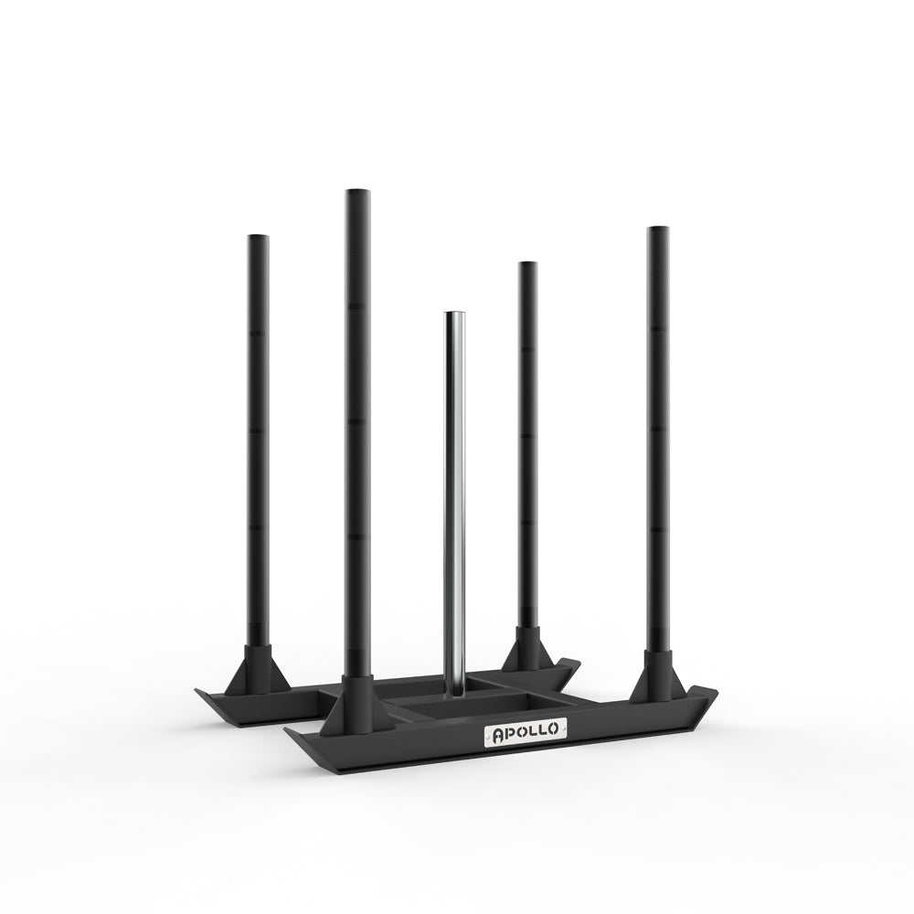 Black athletic training aid with multiple poles on a white background, branded 'Apollo'.