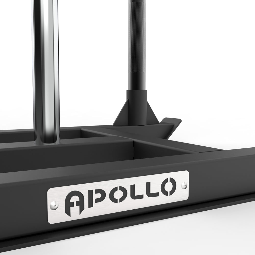 Close-up of a black stand with Apollo branding on a white background