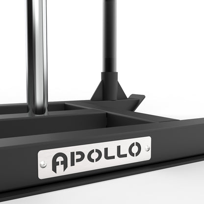 Close-up of a black stand with Apollo branding on a white background