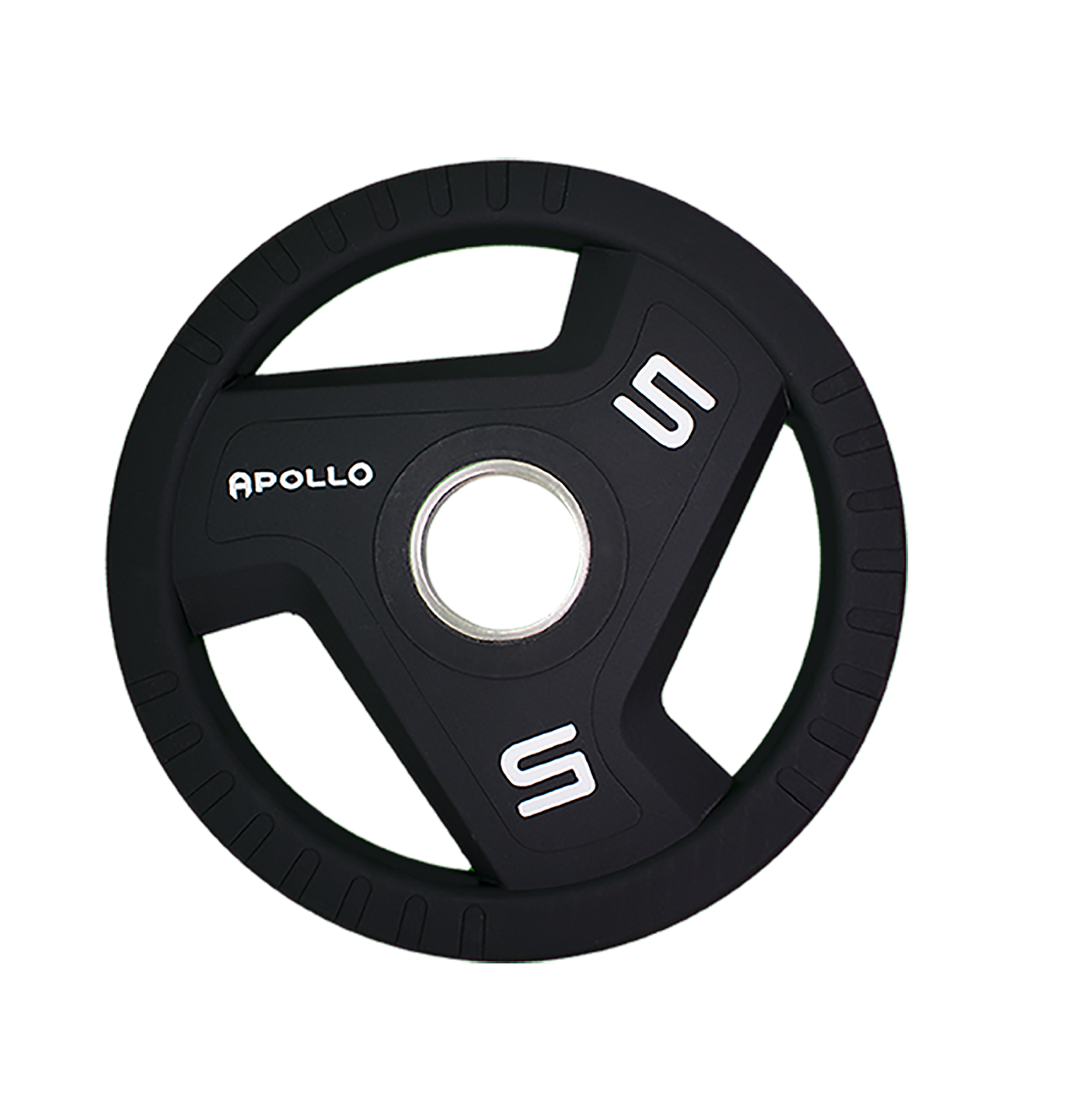Black weight plate with 'Apollo' branding on a white background