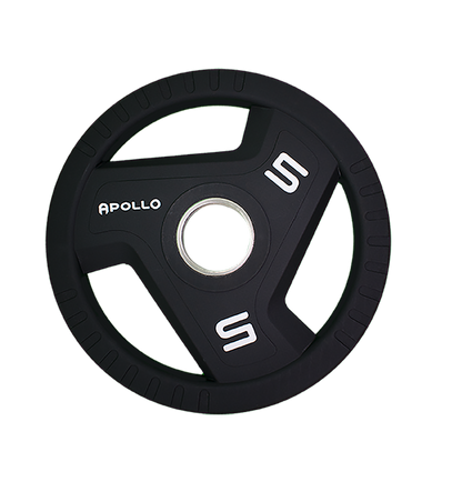 Black weight plate with 'Apollo' branding on a white background