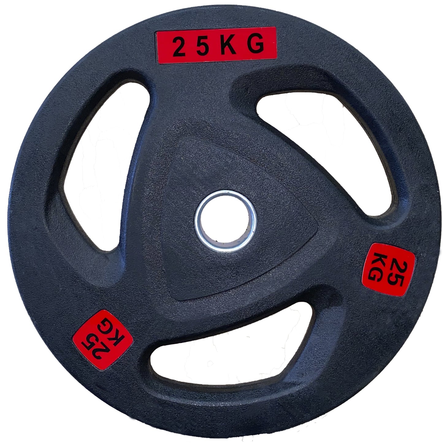 Black weight plate with '25 KG' marking on a white background