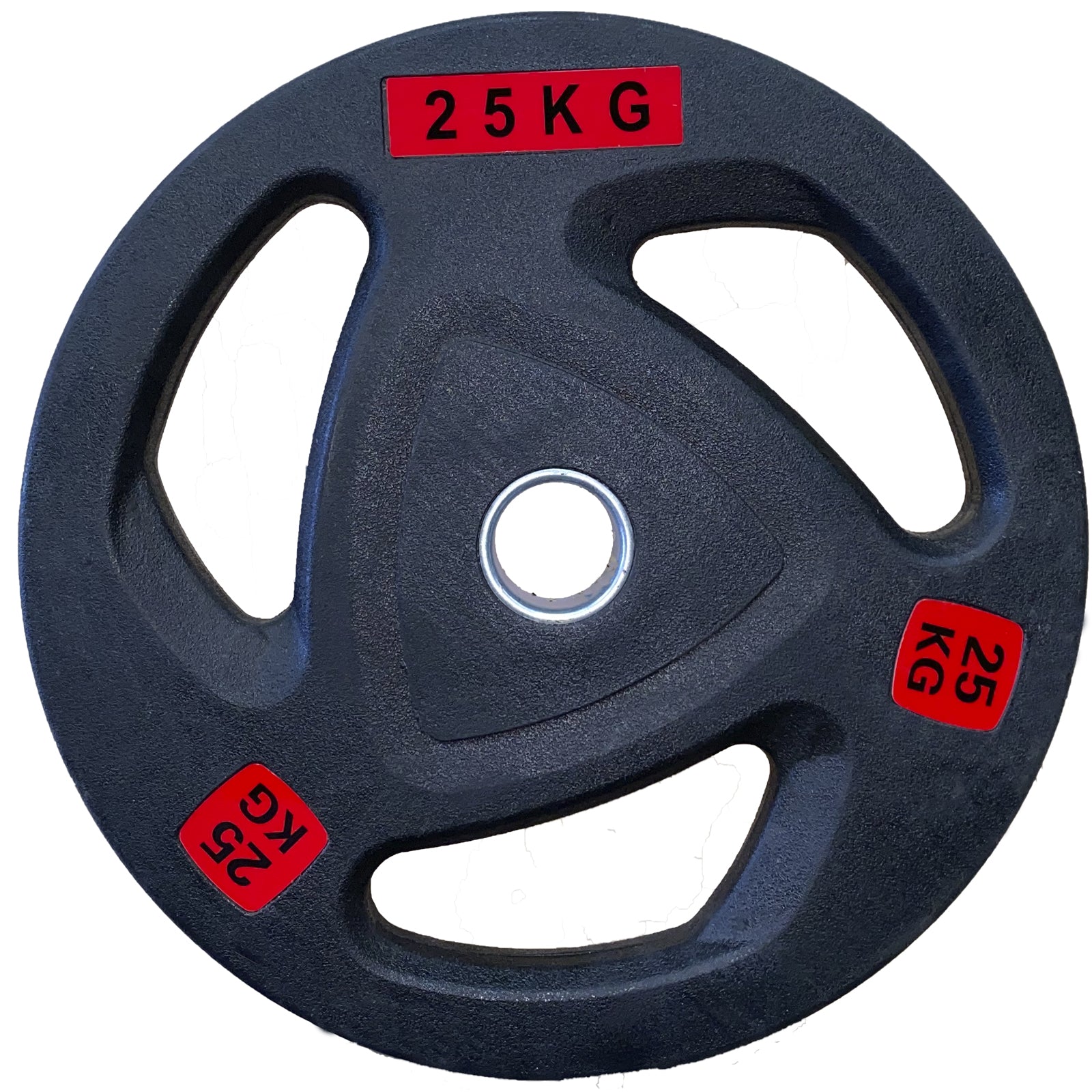 Black weight plate with '25 KG' marking on a white background