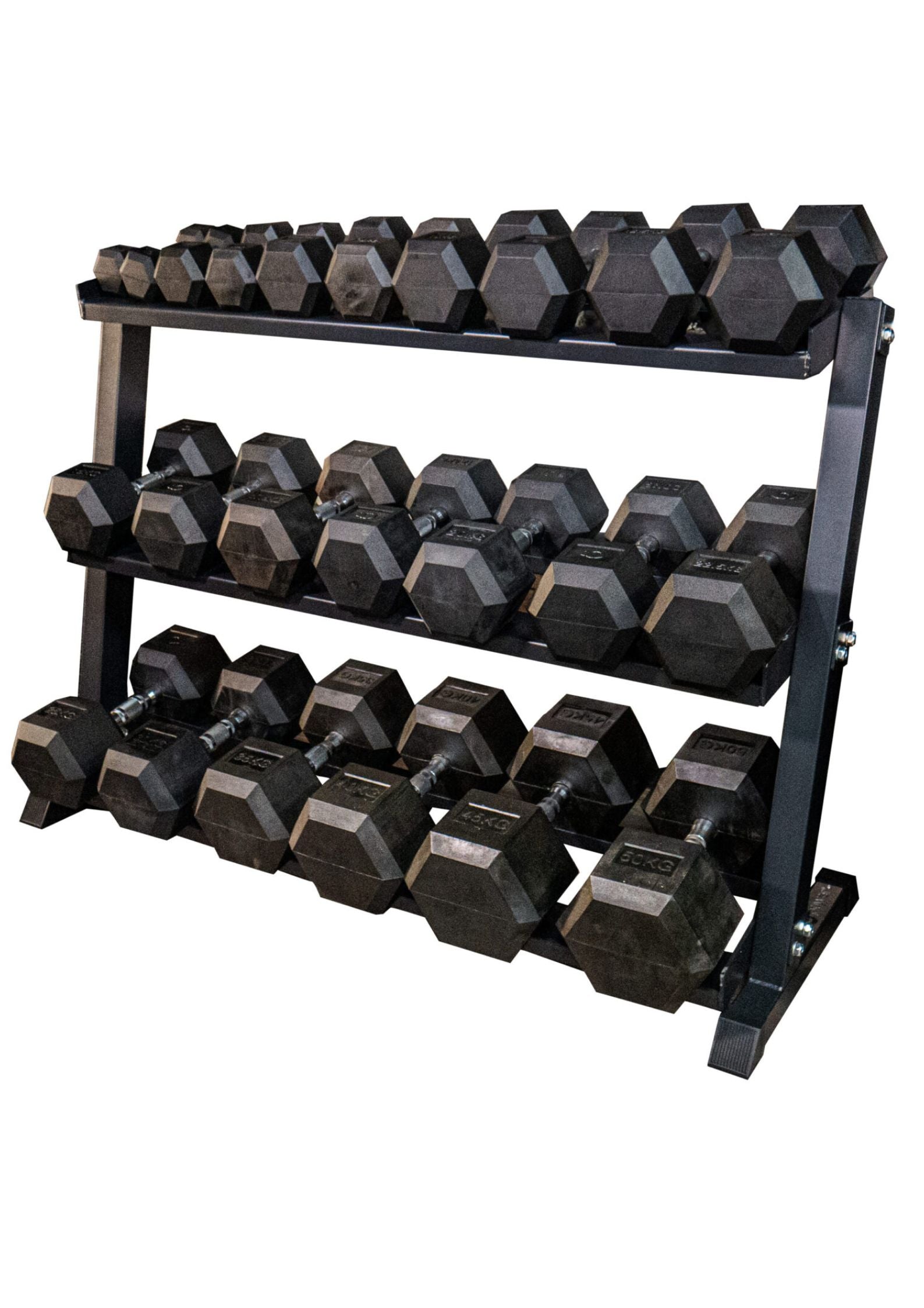 A set of black rubber coated cast iron hex dumbbells arranged on a three-tier storage rack.