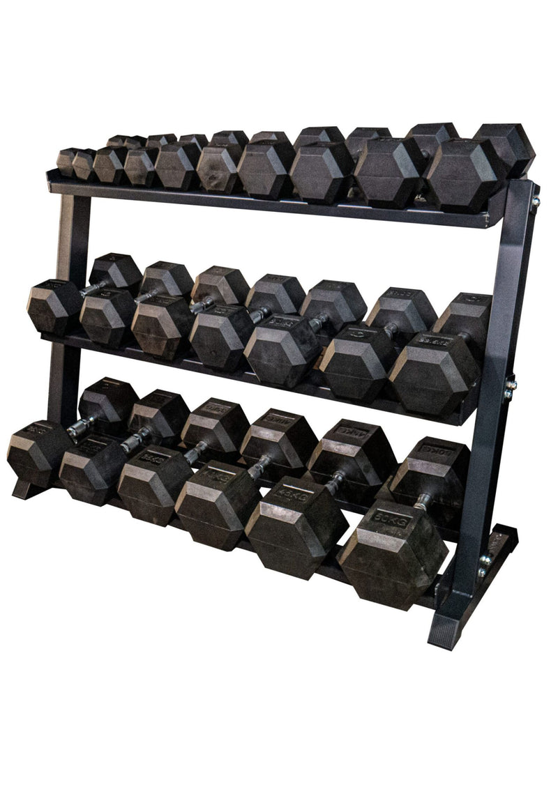A set of black rubber coated cast iron hex dumbbells arranged on a three-tier storage rack.