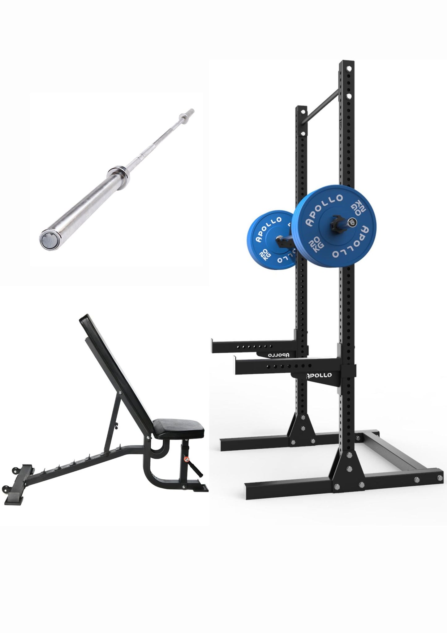 A composite image showcasing gym equipment: a black quarter rack with uprights, a black barbell with blue and black plates, and a black and gray inclined bench with wheels.