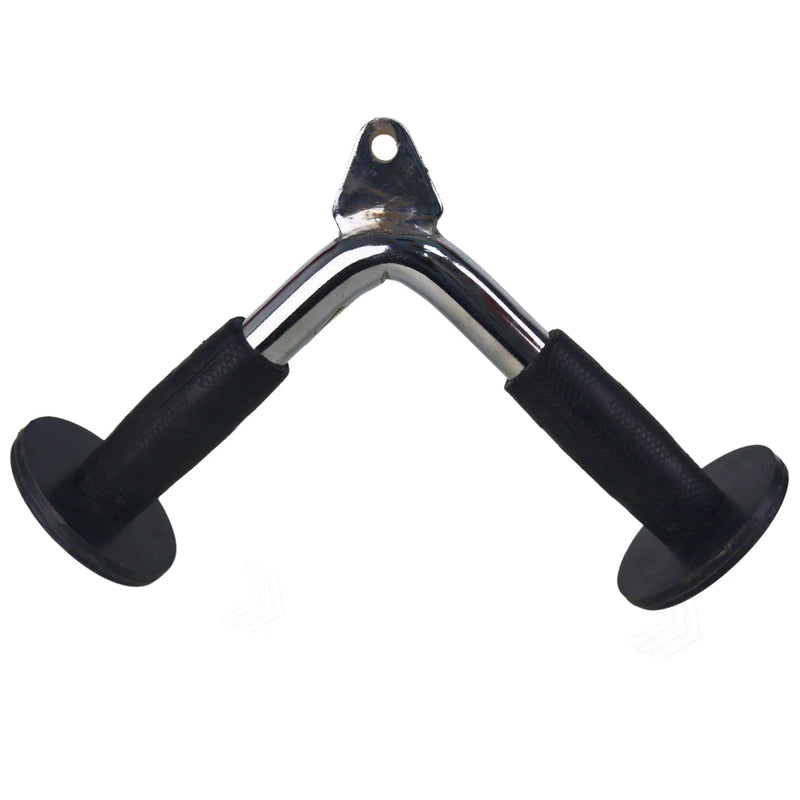 Pair of black-handled metal shoulder press handles on a white background