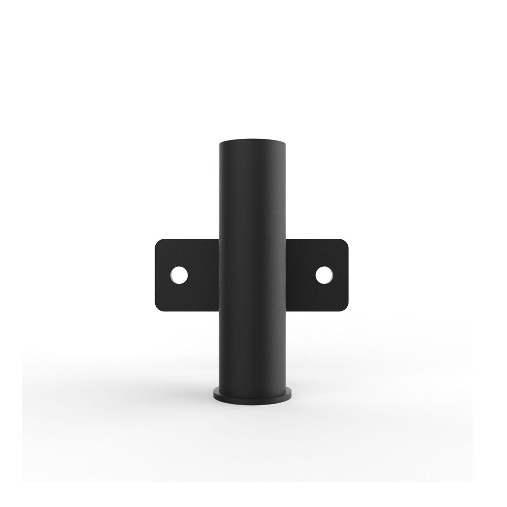 Black cylindrical metal bracket on a white background