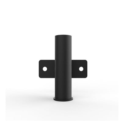 Black cylindrical metal bracket on a white background