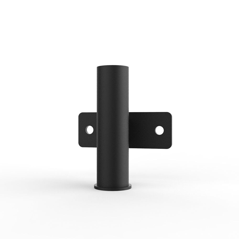 Black cylindrical metal bracket on a white background