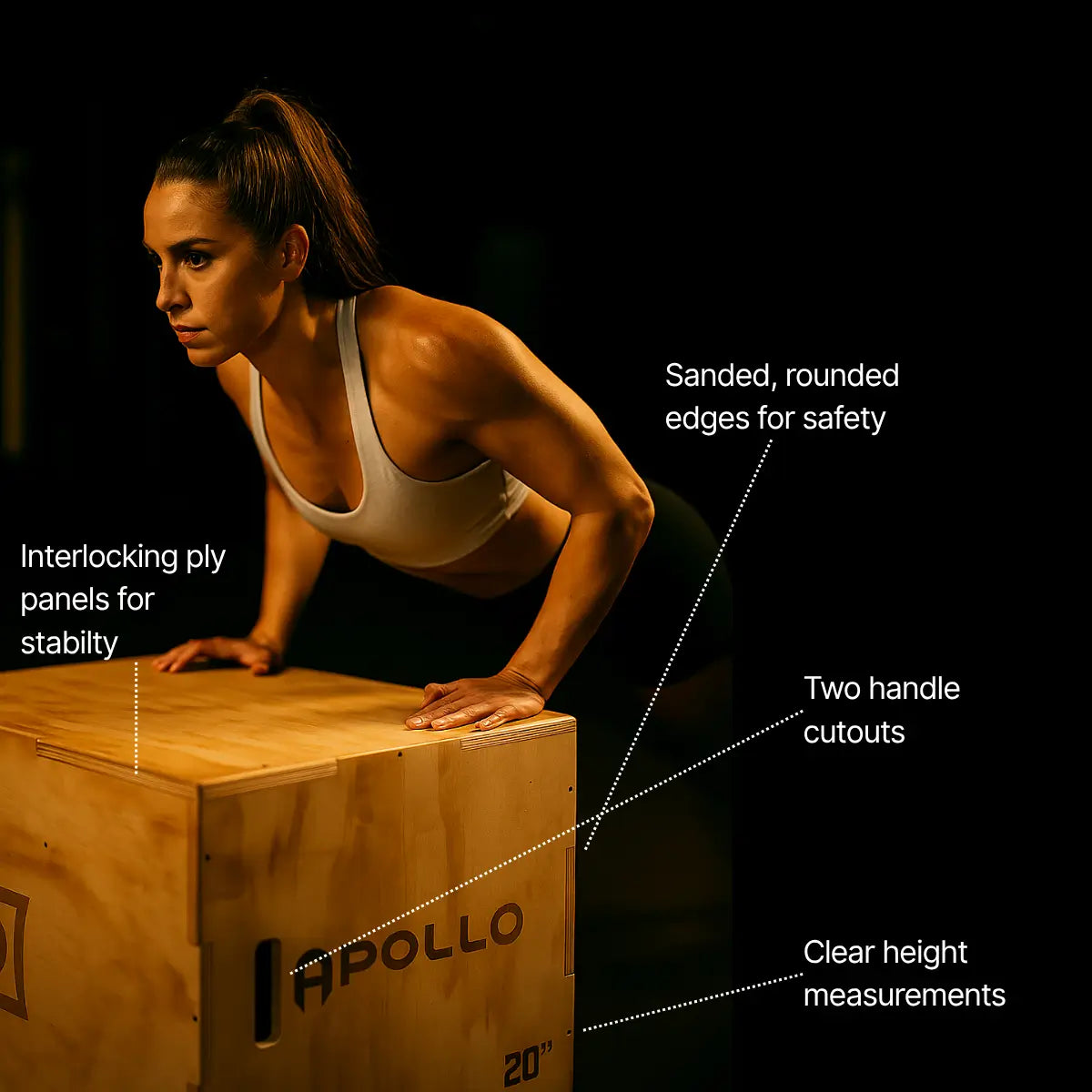 Woman performing a push-up on a wooden plyometric box with Apollo branding, highlighting safety features.