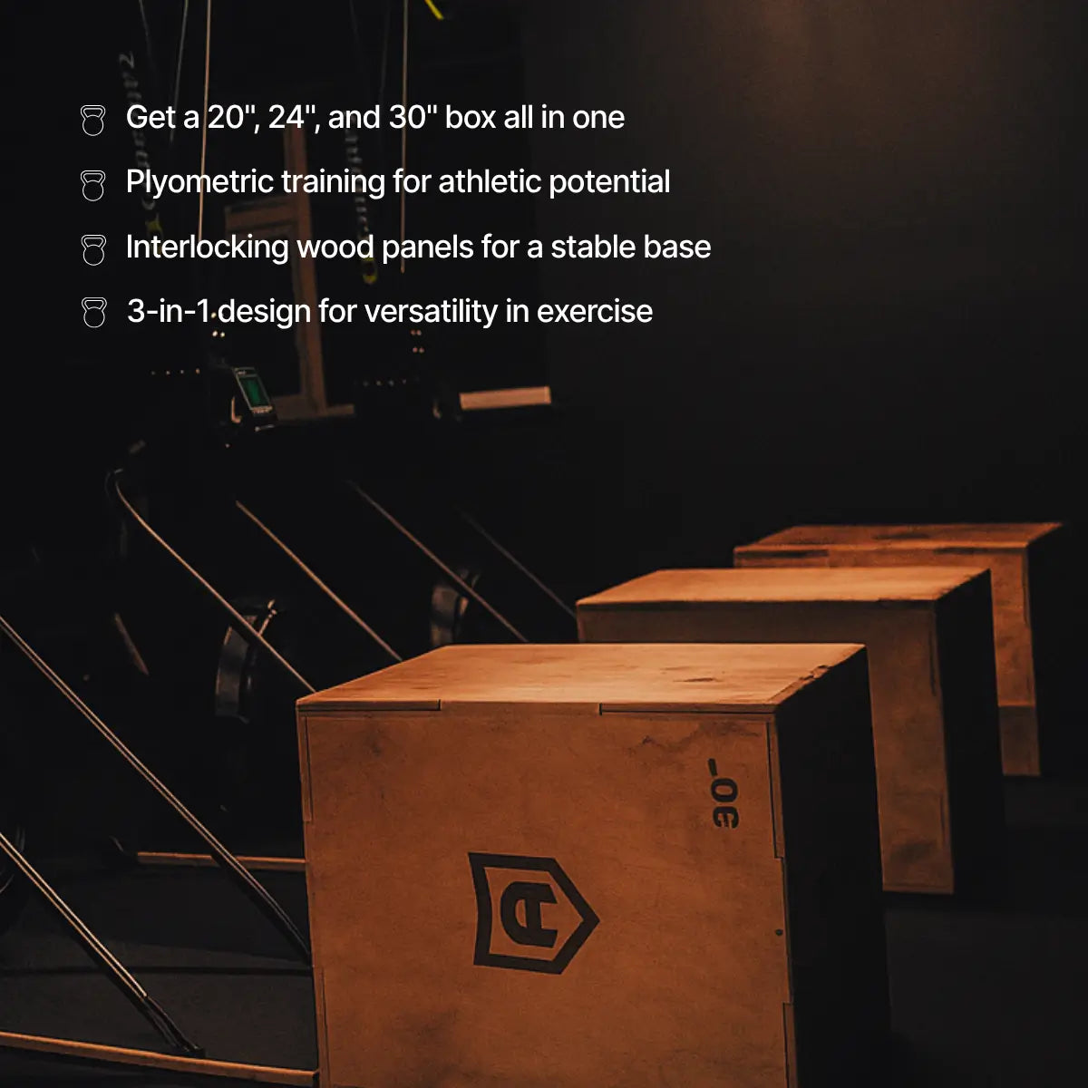 Wooden plyometric boxes with interlocking wood panels on a dark background
