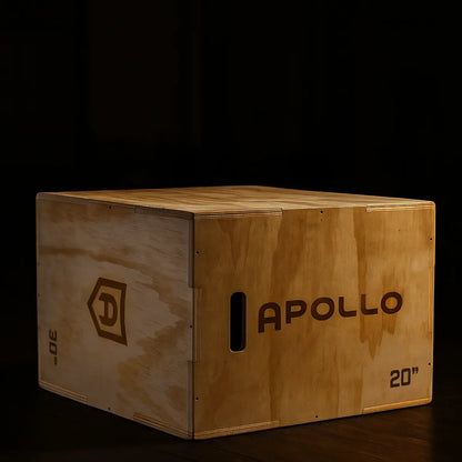 Wooden workout box with 'Apollo' branding on a dark background