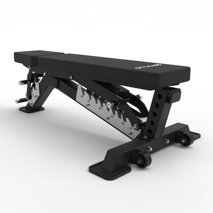Black adjustable weight bench on a white background