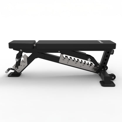 Black adjustable weight bench on a white background