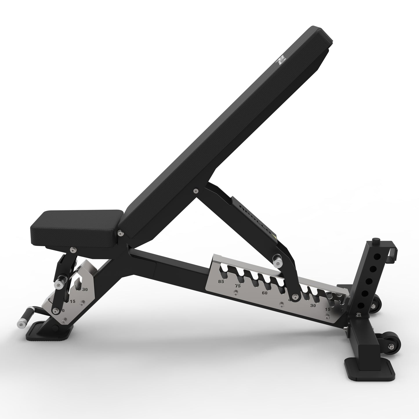 Black adjustable weight bench on a white background