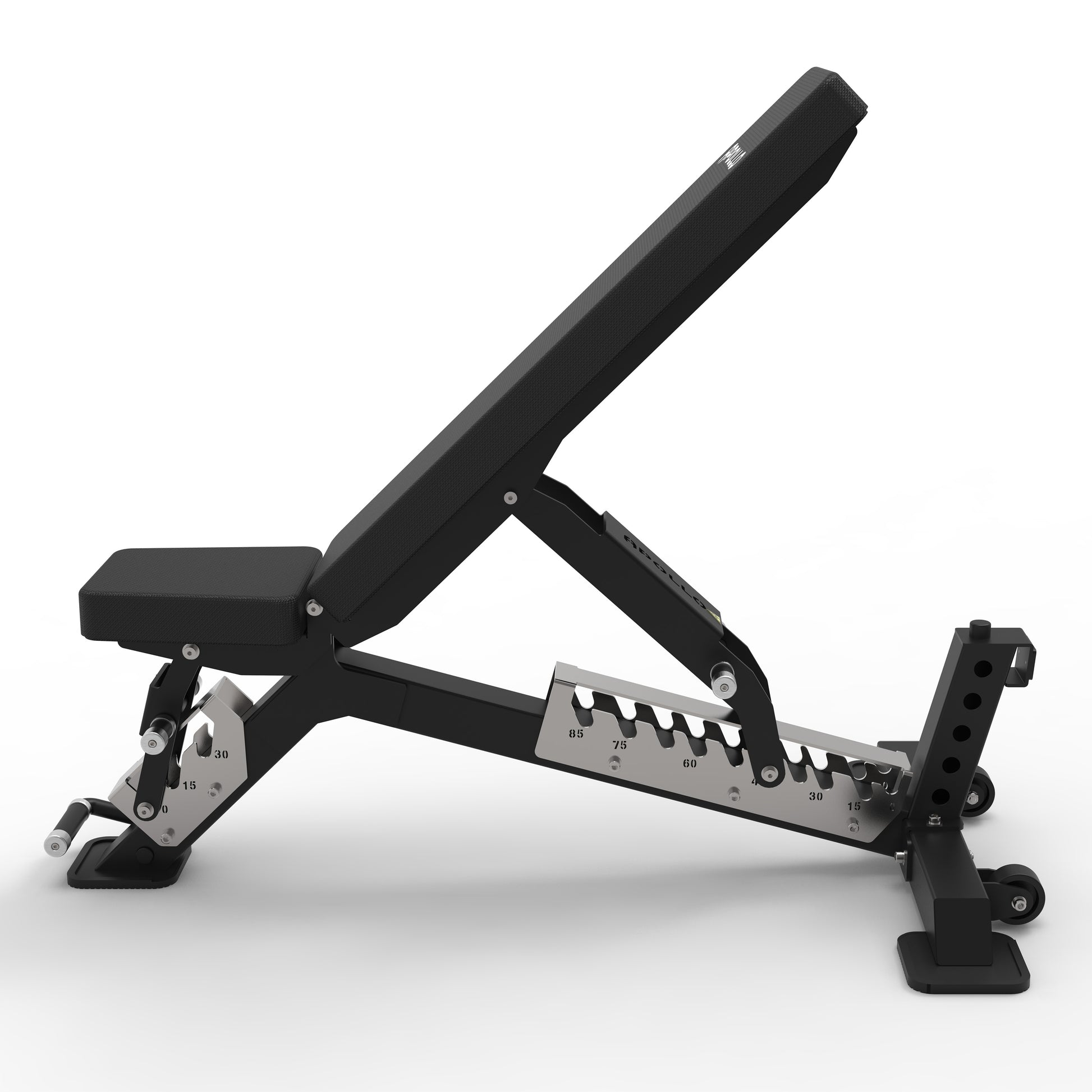 Black adjustable weight bench on a white background