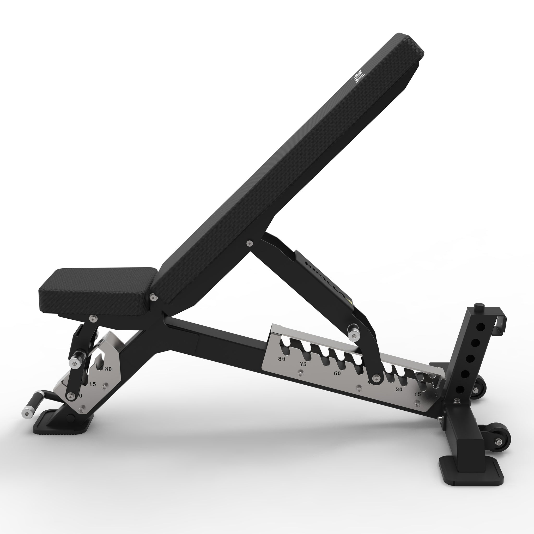 Black adjustable weight bench on a white background