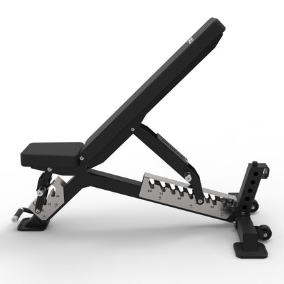 Black adjustable weight bench on a white background