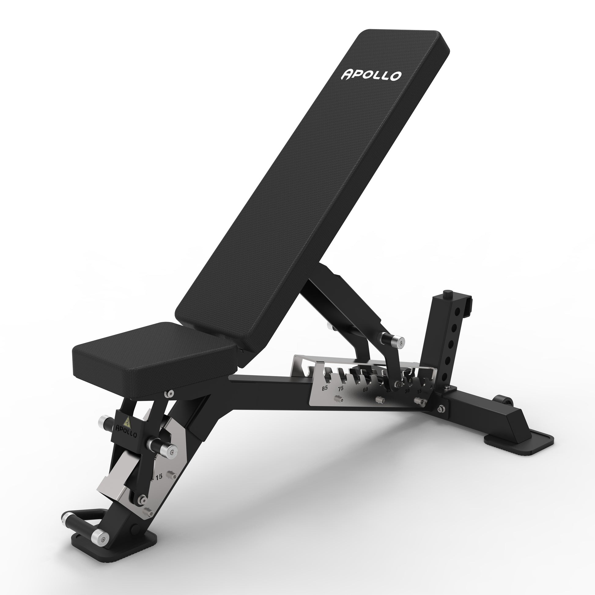 Black adjustable weight bench with 'Apollo' branding on a white background